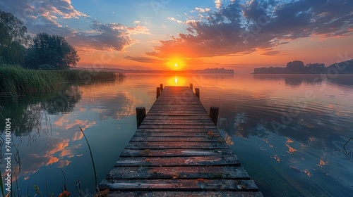 Beautiful summer sunrise over lake - Panorama, the early morning at dawn