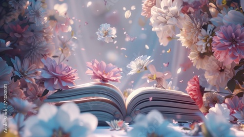 Open book with beautiful floating petal flowers on soft pastel background. AI generated image