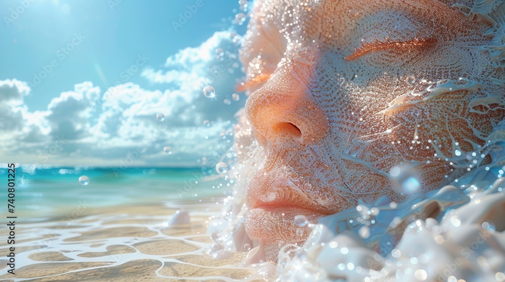 Polygonal skin with a smart patch delivering precision medicine depicted on a beach with UV exposure data and skincare tips floating nearby