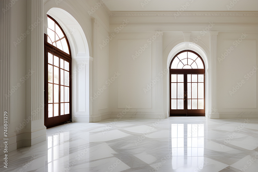 Sala vazia arquitetura com piso de mármore liso brilhante mockup - obrazy, fototapety, plakaty 
