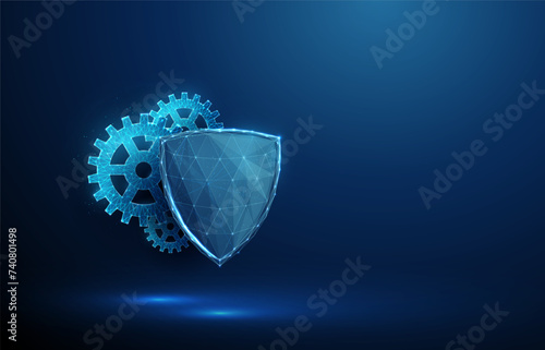 Abstract blue futuristic guard shield and cogwheels. Protection, cyber security and insurance concept. Low poly digital