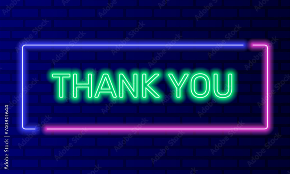 Neon sign thank you in speech bubble frame on brick wall background vector. Light banner on the wall background. Thank you button gratitude and politeness, design template, night neon signboard