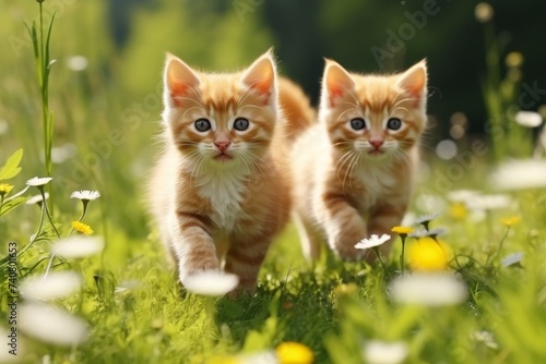 Ginger Kittens Exploring Flower Meadow