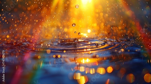 Raindrop falling through a beam of sunlight transforming into a spectrum of miniature rainbows