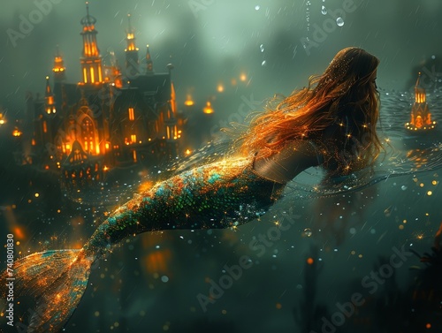 Raindrop on a mermaids tail revealing an underwater palace aglow with bioluminescent flora and fauna © AlexCaelus
