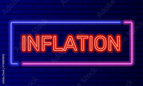 Neon sign inflation in speech bubble frame on brick wall background vector. Light banner on wall background. Inflation button depreciation of money, design template, night neon signboard