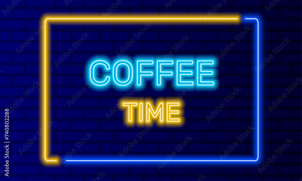 Fototapeta premium Neon sign coffee time in speech bubble frame on brick wall background vector. Light banner on wall background. Coffee time button lunch break, design template, neon signboard