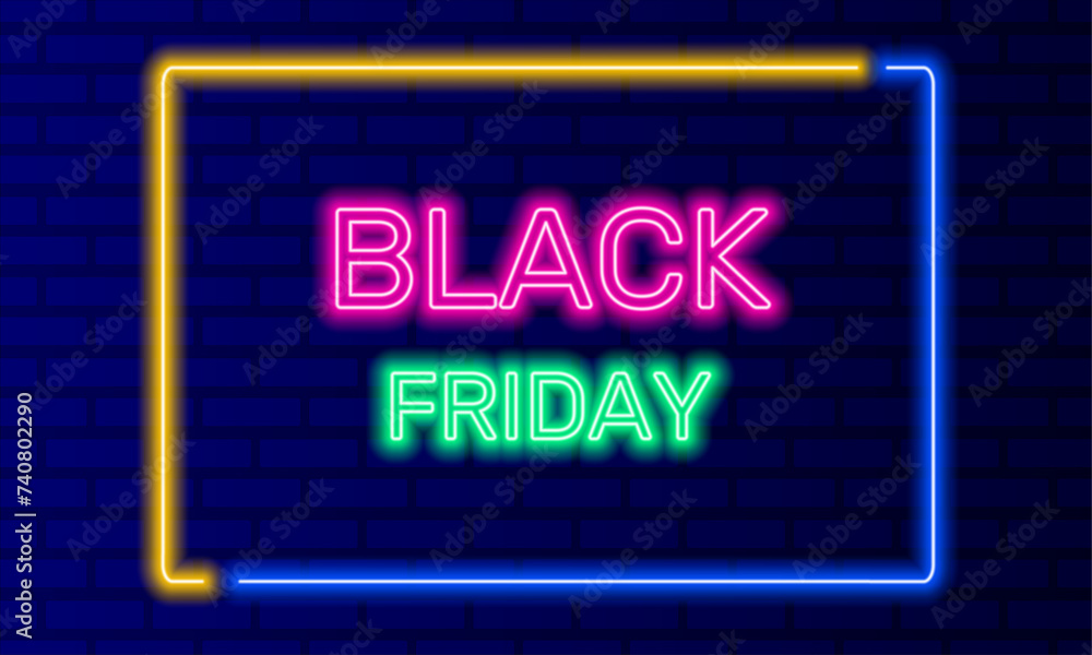 Neon sign black friday in speech bubble frame on brick wall background vector. Light banner on wall background. Black friday button holiday sale, design template, neon signboard