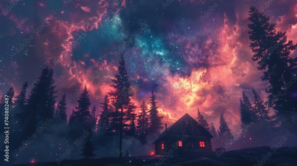 Camping under a galaxy sky, A cabin lies under a sky, illuminated by the vivid colors of a cosmic amongst a forest of pine trees.