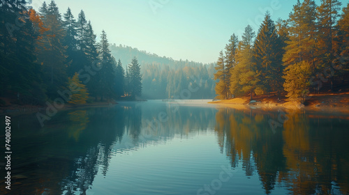 In this scene  a peaceful green forest is mirrored in the serene waters of a calm lake  while rays of sunlight break through the mist.