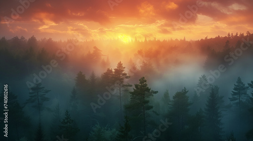 The sun rises  casting a soft glow through the mist among the silhouettes of pine trees in a dense forest.