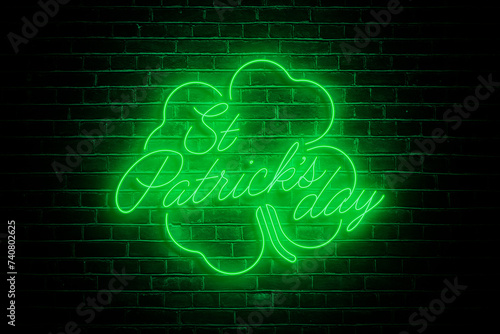 Celebrate Saint Patrick's Day with a vibrant neon sign shining brightly against a dark brick wall, adding a festive touch to the atmosphere.