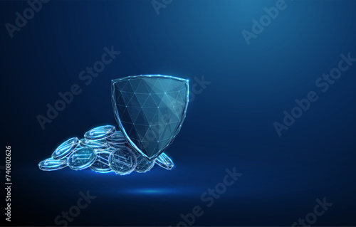 Abstract blue guard shield with pile of coins. Deposit insurance, financial security concept. Low poly digital style.