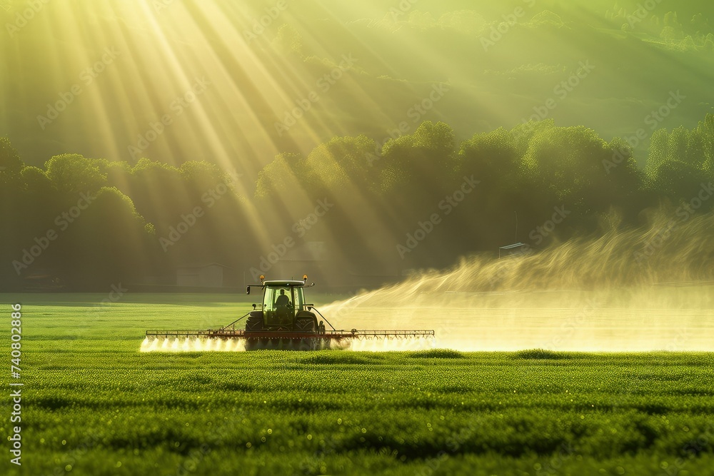 Fototapeta premium A farmer drives farm machinery to work in the field, surrounded by a green farmland.