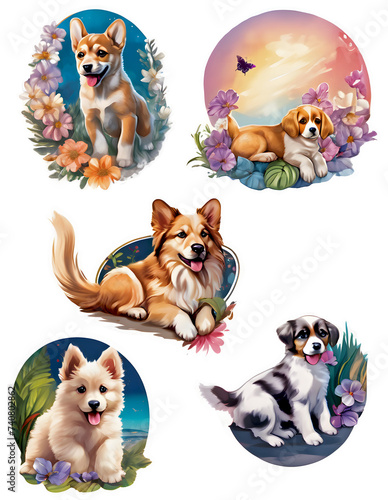 Dog in nature stickers  in transparent background