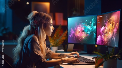 A young woman draws colored graphics behind computer monitors in the workplace. An artist, creative Graphic designer, Retoucher is engaged in his favorite work, Hobby. photo