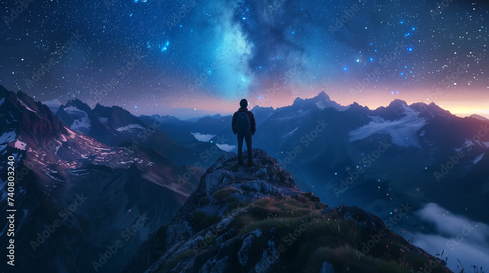 Adventure outdoors, A lone explorer stands on a mountain peak, gazing at a spectacular starry sky as twilight descends on the rugged landscape.