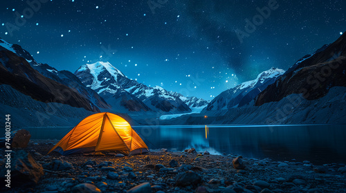 Adventure outdoors, An illuminated tent glows warmly under a breathtaking starry sky, set against the backdrop of majestic snow-capped mountains.