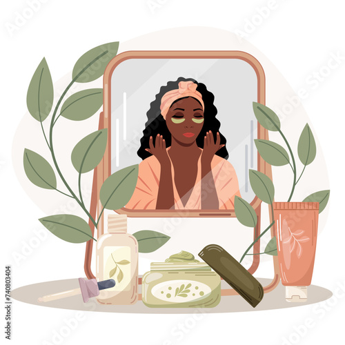 Vector illustration of a mirror with the image of a dark-skinned girl with patches under her eyes, cosmetic products, creams, serums. Beauty, skin care, body care, cleansing concept.
