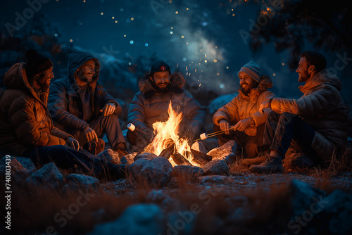 Group of friends gathered around a crackling campfire under a starry night sky, marshmallows roasting on sticks, capturing the simple joys and camaraderie of escaping into the great outdoors