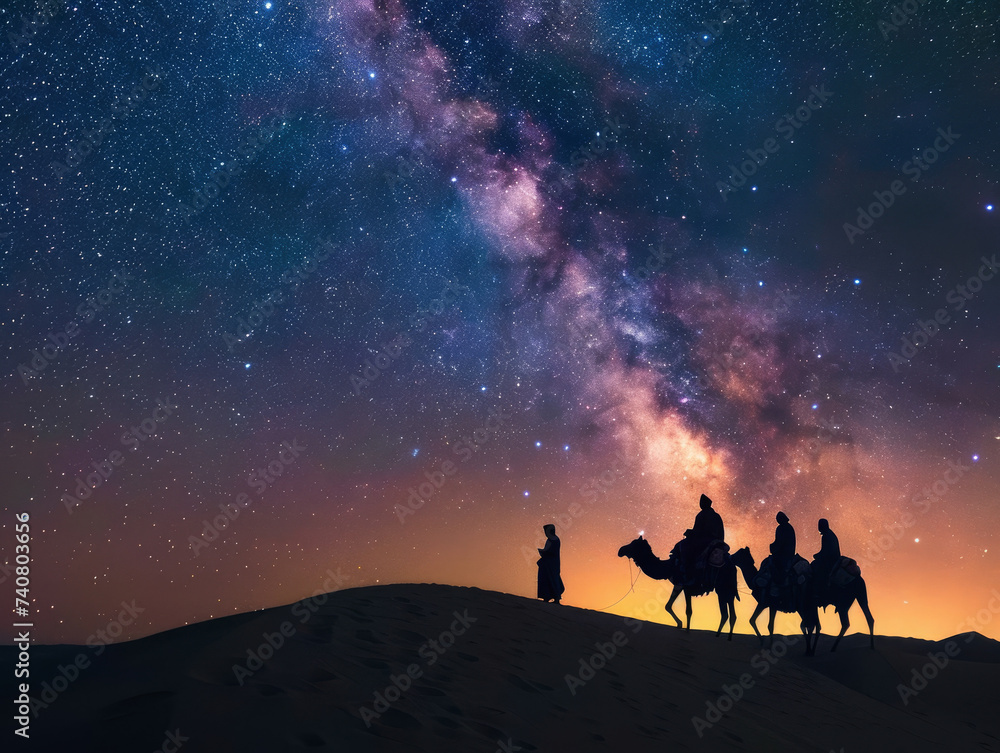 Fototapeta premium Silk Road journey caravans under starry skies cultures intertwining