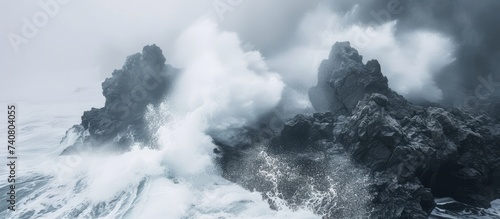 Majestic snow-covered mountain engulfed in thick fog on a tranquil day