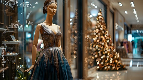 Elegant luxury women's dress on a mannequin in window display in shopping center. Dress for reception or celebration. 