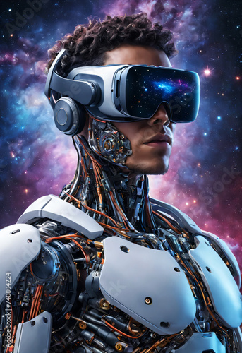 Virtual reality concept astronaut in virtual reality glasses looks like robot with electronic implants. Digital world futuristic suit with sci-fi tech art ilustration photo