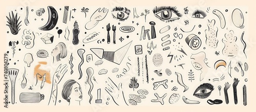 Hand drawn illustration of various doodle shapes graphic contemporary style. AI generated image