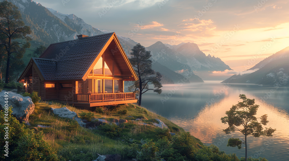A hyperrealistic image of a wooden house with a triangular roof and a porch. The house is located on a hillside with a view of the mountains and the lake.