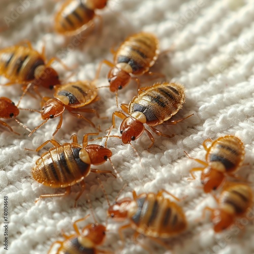 Bedbug colony on white sheet on bed in the bedroom, Bed Bug (Cimex lectularius) © Zie