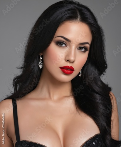 a woman with a red lipstick black hair and black bra top posing for a picture on a gray background