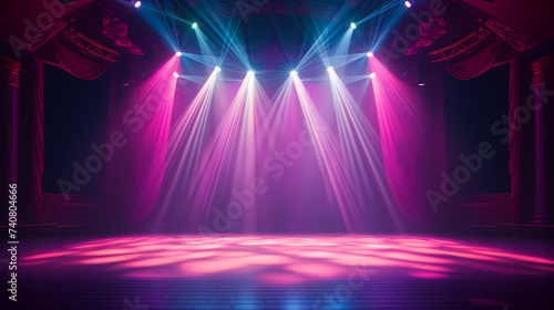 Stage backdrop, bright theater stage and vibrant backdrop