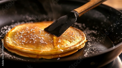 A pancake being flipped by a black spatula in a frying pan Close up. with copy space image. Place for adding text or design photo