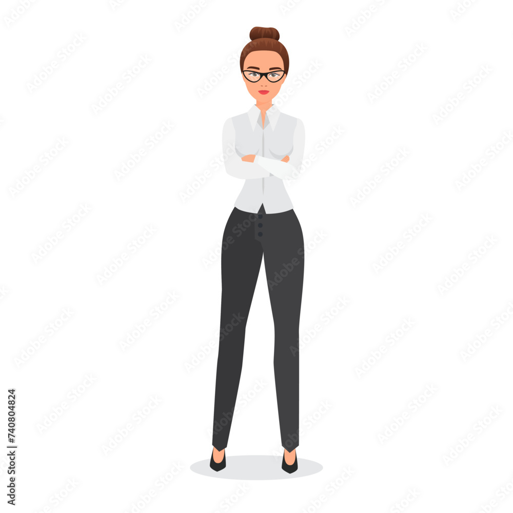 Confident businesswoman standing with arms crossed on chest, business lady in glasses and formal outfit vector illustration