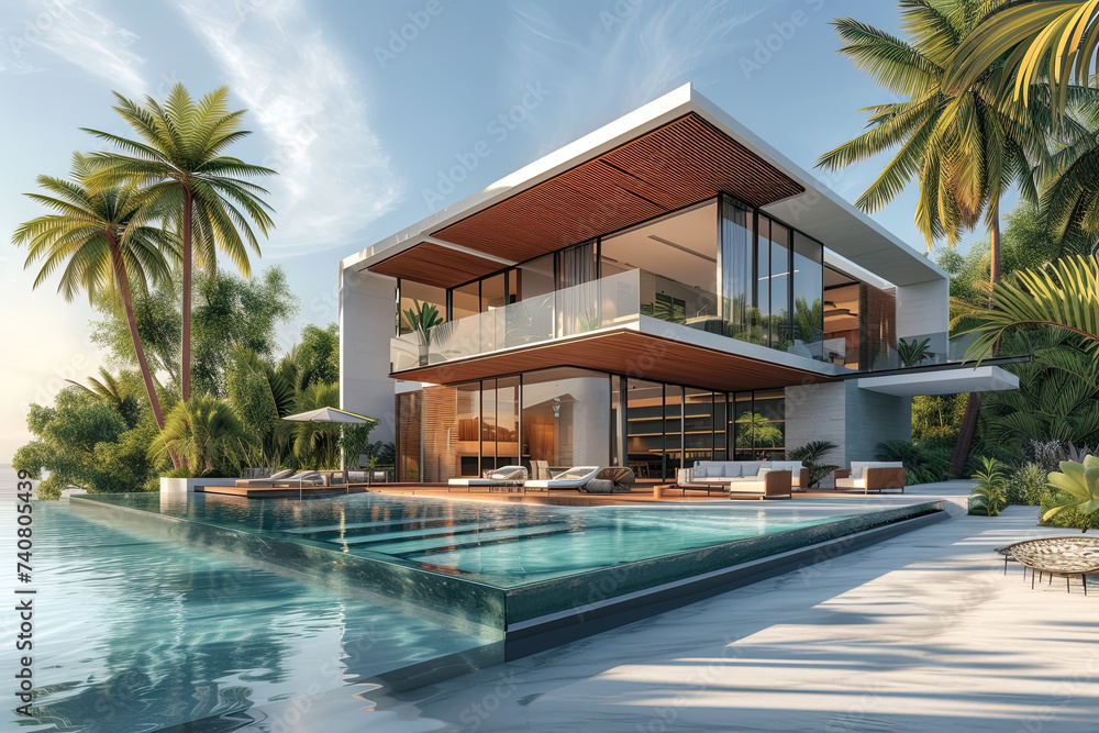 luxurious modern house with a swimming pool and lounge area. modern house exterior with a minimalist design