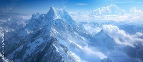 An aerial view of a snowcovered mountain with clouds hovering above, creating a serene natural landscape in the world of white snow and blue sky