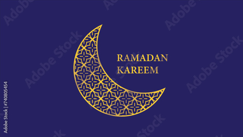 crescent moon with islamic pattern and ramadan kareem  phrase isolated on dark blue background. Vector illustration