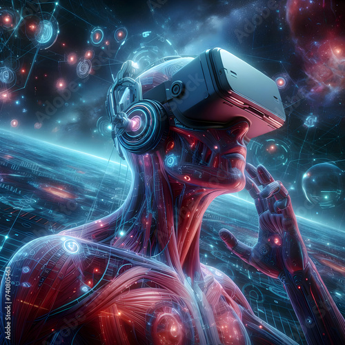 Virtual reality concept humanoid in virtual reality glasses looks like robot with electronic implants. Digital world futuristic suit with sci-fi tech art ilustration photo