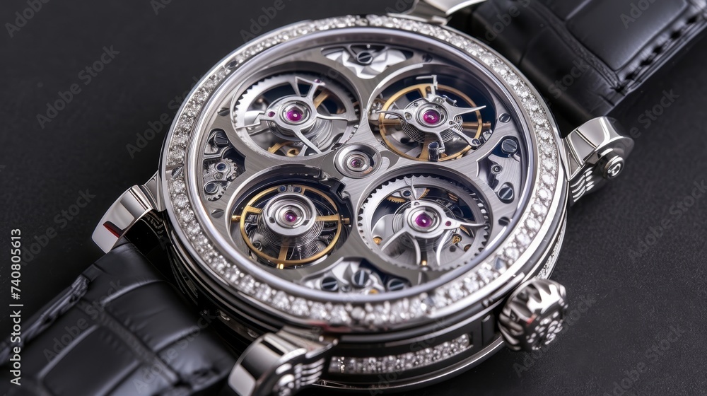Detailed close up macro shot of a beautiful watch mechanism showing intricate gears and components Detailed close up macro shot of a beautiful watch mechanism showing intricate gears and components