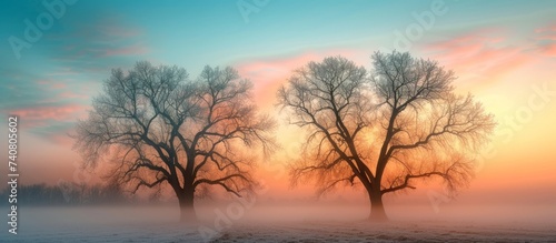 Majestic landscapes  captivating view of two trees standing tall in thick fog