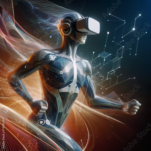 Virtual reality concept humanoid in virtual reality glasses looks like robot with electronic implants. Digital world futuristic suit with sci-fi tech art ilustration photo