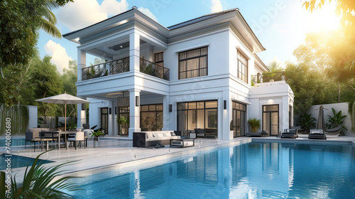 luxurious modern house with a swimming pool and lounge area. modern house exterior with a minimalist design © Rangga Bimantara
