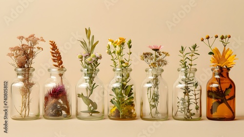 Herbal apothecary aesthetic. Jars with dry herbs and flowers on a beige background in the interior.