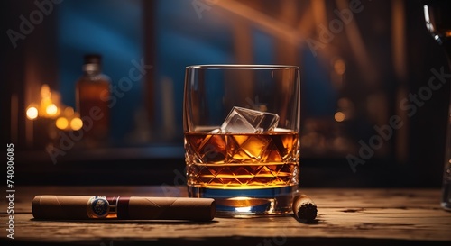 A glass with whiskey and a cigar