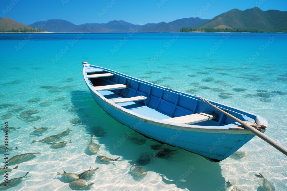 Fototapeta premium Rowboat Above Crystal Clear Waters with Fish