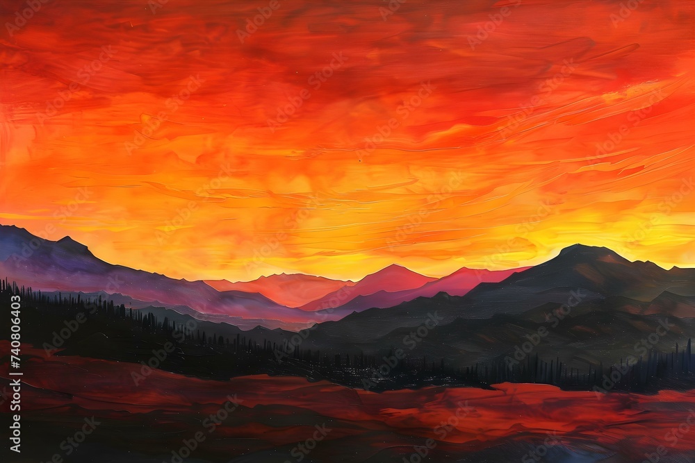 Fototapeta premium Spectacular sunset over mountains painting the sky and land in warm hues. Concept Sunset Photography, Mountain Silhouettes, Warm Color Palette, Nature's Beauty, Landscape Art