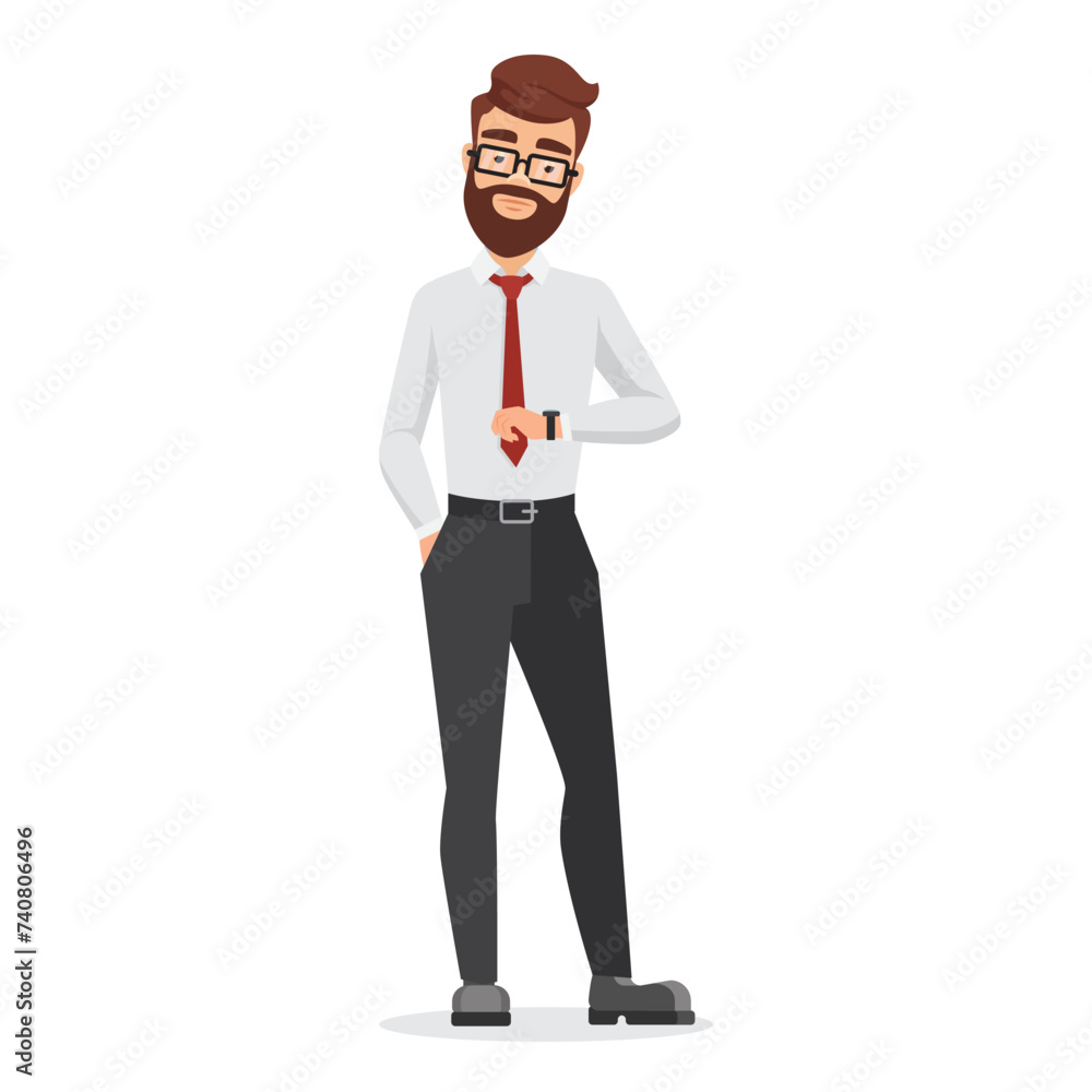 Funny busy businessman with glasses looking at wristwatch to check time vector illustration