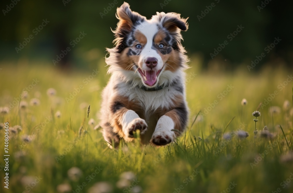 A majestic australian shepherd dashes through a sun-kissed field of green grass, embodying the perfect balance of strength and grace as a loyal and beloved pet A majestic australian shepherd dashes through a sun-kissed field of green grass, embodying the perfect balance of strength and grace as a loyal and beloved pet