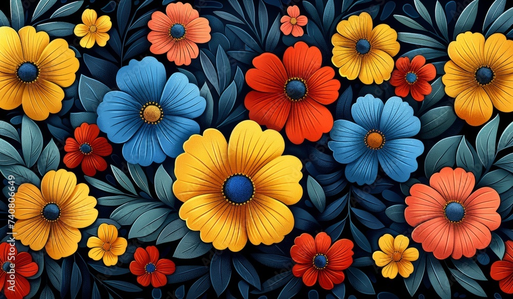 Seamless pattern with colorful flowers on dark background. Colorful floral Mandala, Mexican Folklore, banner for Flores the mayo or Hispanic american heritage month.